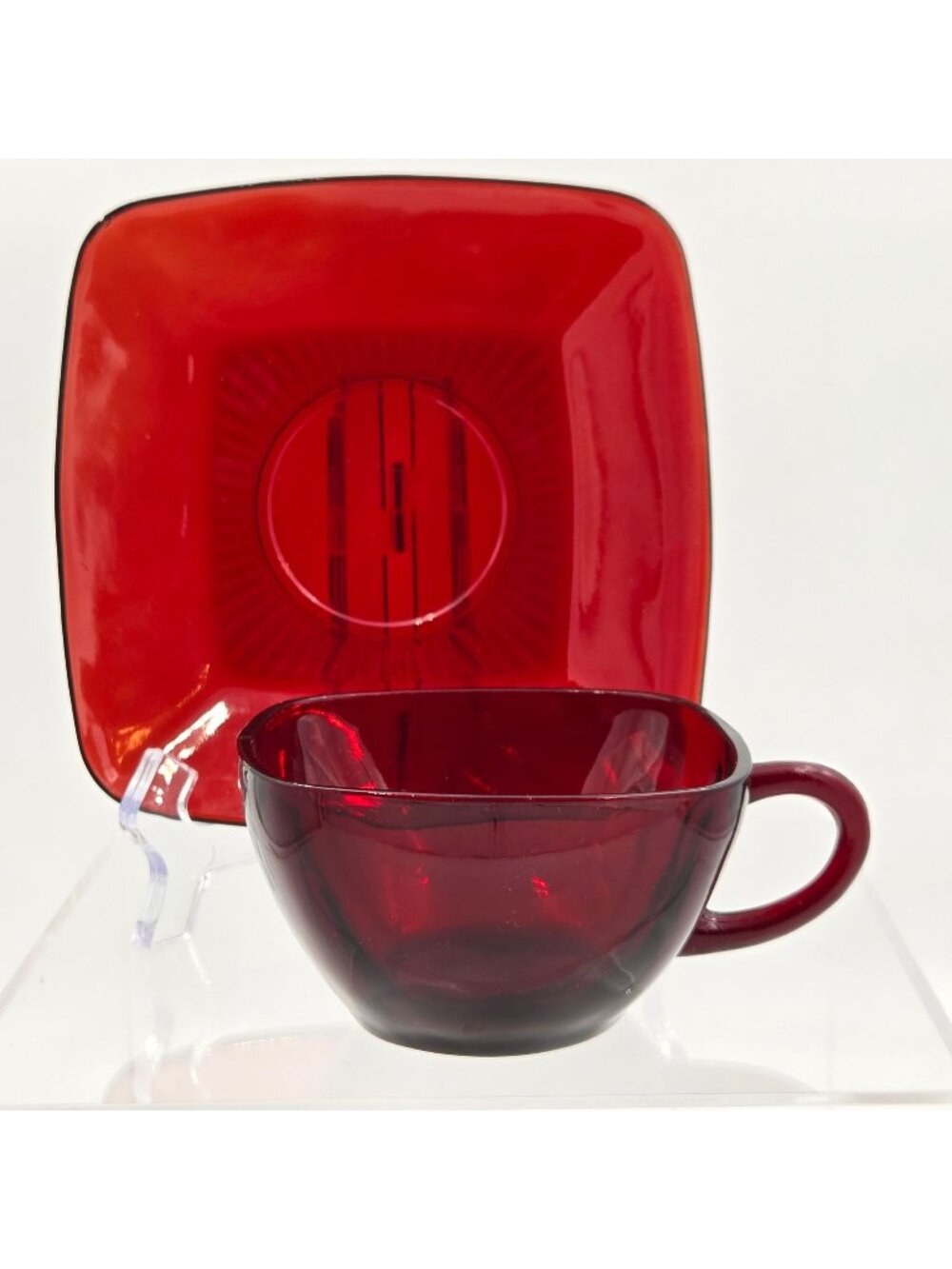 Anchor Hocking Charm Ruby Square Cup & Saucer Set of 2 Pressed Glass USA Made